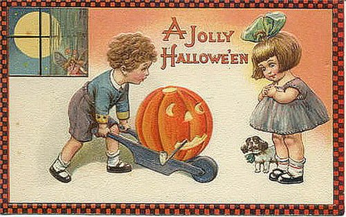 Vintage Halloween Greeting Card with Children and Jack-O-Lantern