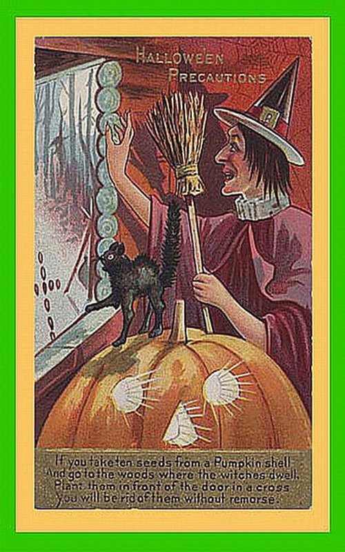 Vintage Halloween Precautions Witch & Pumpkin Card, Early 1900s