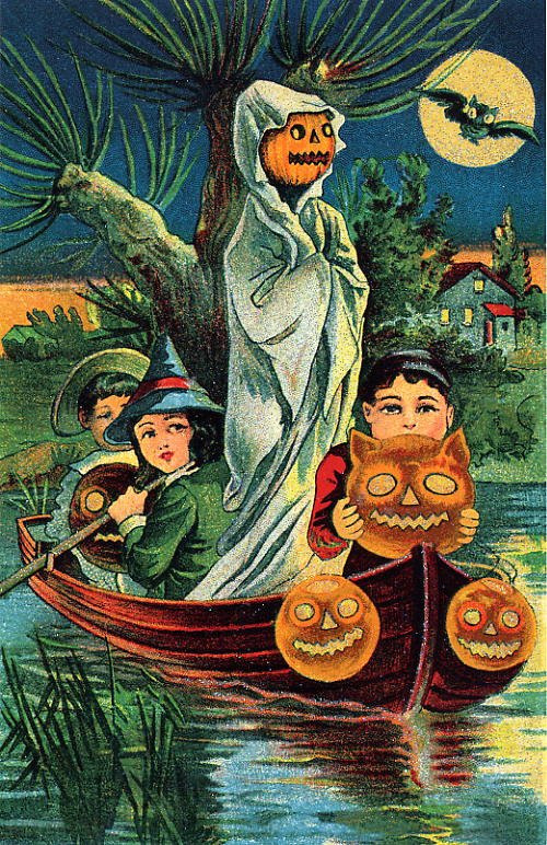 Vintage Halloween Greeting Card with Ghost & Jack-o'-Lanterns