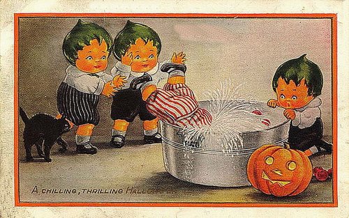 Vintage Halloween Greeting Card with Jack-o'-Lantern and Imp Children