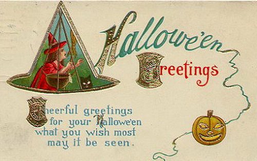 Vintage Halloween Greetings Card, Early 1900s Witch Hat & Jack-O-Lantern