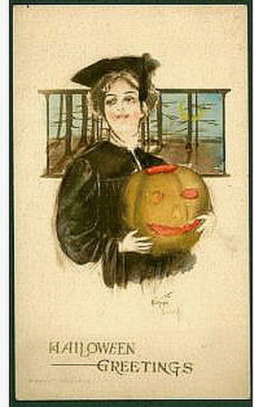 Vintage Halloween Greeting Card with Graduate & Jack-o'-Lantern