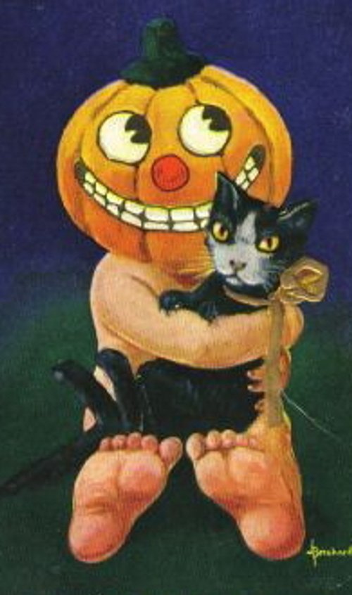 Vintage Halloween Pumpkin Cat Die-Cut Greeting Card, Early 1900s