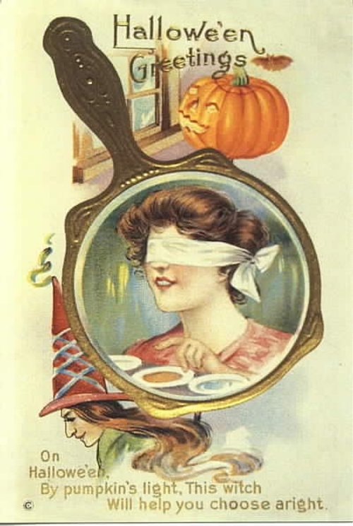 Vintage Halloween Greetings Card Blindfolded Woman and Witch Fortune Teller