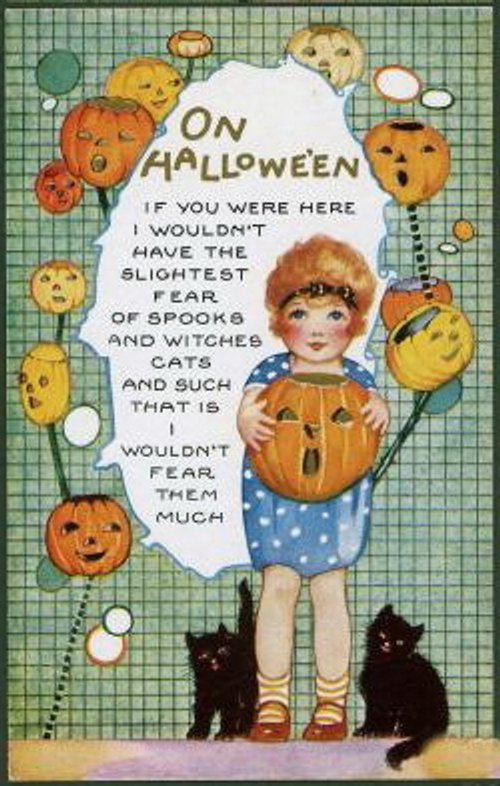 Vintage Halloween Greeting Card with Girl and Black Cats, Early 1900s