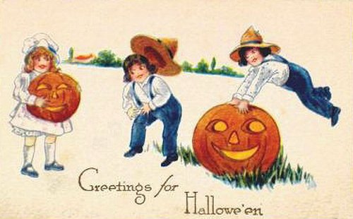 Vintage Halloween Greeting Card with Jack-o'-Lanterns and Children