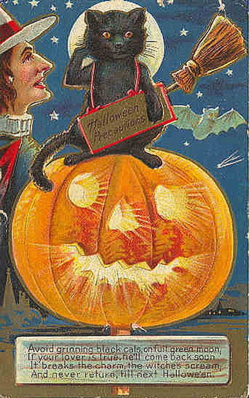 Vintage Halloween Greeting Card Black Cat Pumpkin Witch