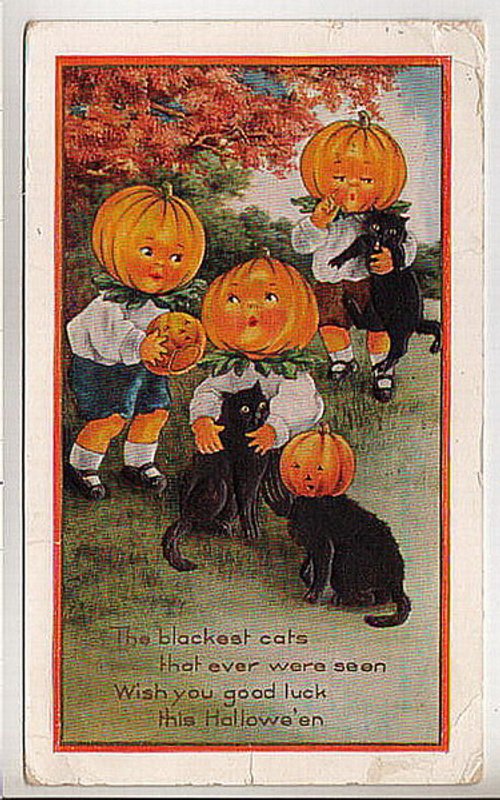 Vintage Halloween Greeting Card with Black Cats & Pumpkin Heads