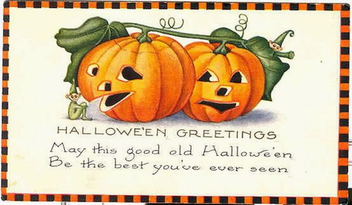 Vintage Halloween Greeting Card with Jack-o'-Lantern Pumpkins