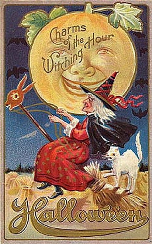 Vintage Halloween Greeting Card: Witching Hour Charm with Moon Face