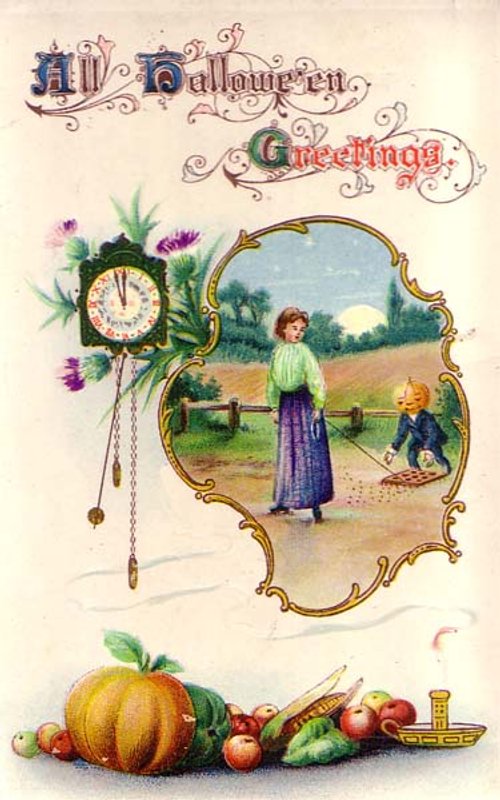 Victorian Halloween Greetings Card with Clock & Harvest Scene