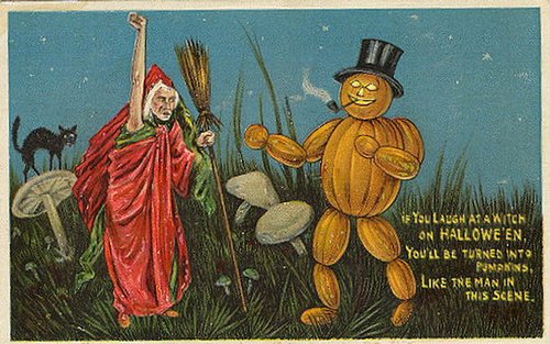 Vintage Halloween Greeting Card with Witch and Pumpkin Man