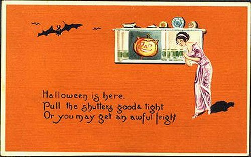 Vintage Halloween Greeting Card 1920s Art Deco Woman Bats