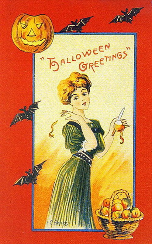 Vintage Halloween Greetings Card, Early 1900s Woman with Bats
