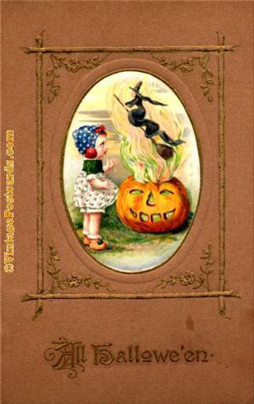 Victorian Halloween Greeting Card with Witch & Jack-o'-Lantern