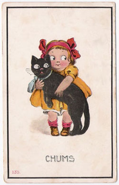 Vintage 'Chums' Greeting Card: Girl with Black Cat