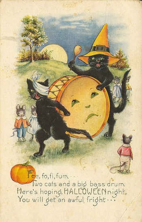 Vintage Halloween Greeting Card Black Cats Pumpkin Moon