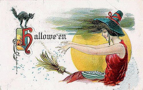 Victorian Halloween Greeting Card with Witch & Black Cat