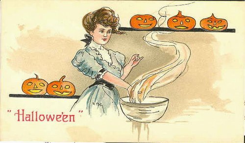 Vintage Halloween Greeting Card with Woman at Bowl with Jack-o-Lanterns