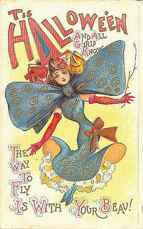Vintage Halloween Greeting Card with Fairy Wings Art Nouveau