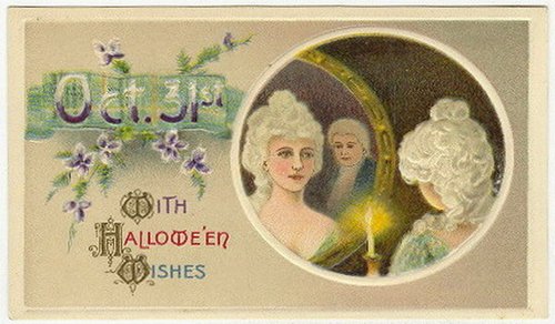 Vintage Halloween Greeting Card with Ghostly Spirits & Candlelight