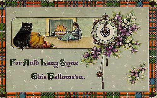 Vintage Halloween Greeting Card, Black Cat & Clock, Victorian Era