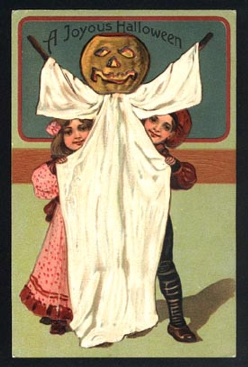 Vintage Halloween Greeting Card with Ghost & Jack-O'-Lantern
