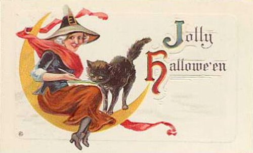 Jolly Halloween Witch on Crescent Moon Vintage Greeting Card