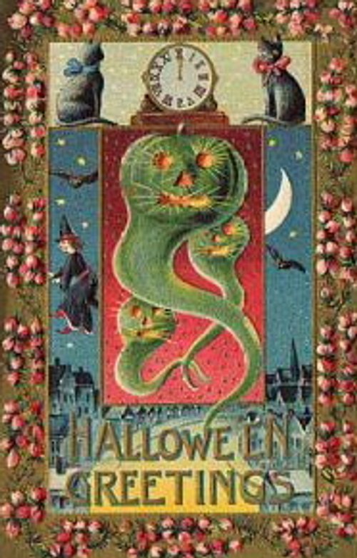 Vintage Halloween Greeting Card with Witch and Jack-o-Lantern