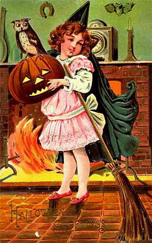 Vintage Halloween Greeting Card with Witch Girl & Jack-o'-Lantern