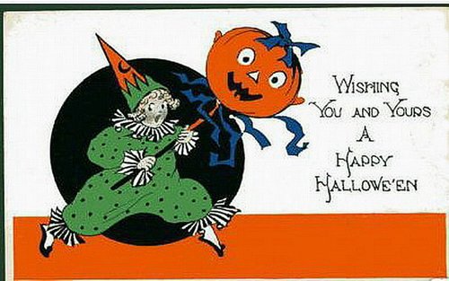 Vintage Halloween Greeting Card with Clown/Witch Figure & Pumpkin