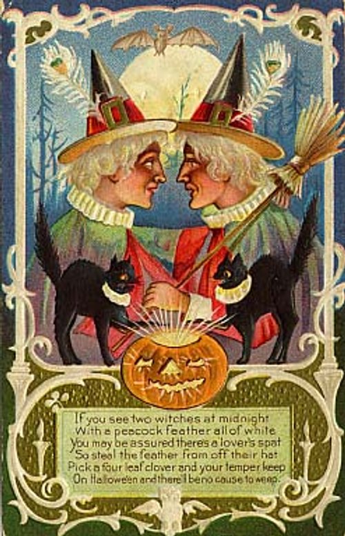 Vintage Halloween Greeting Card with Twin Witches and Jack-o'-Lantern