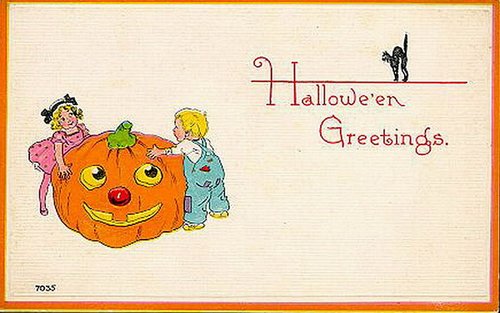 Vintage Halloween Greetings Card with Jack-O-Lantern & Children