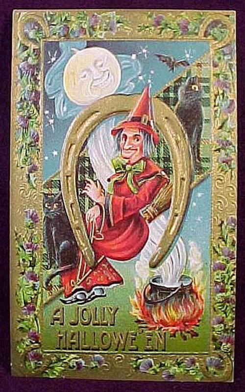 Vintage Halloween Greeting Card: Jolly Red Witch & Cauldron