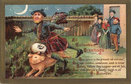 Victorian Halloween Greeting Card with Scottish Figure & Pig