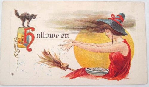 Victorian Halloween Greeting Card with Witch and Black Cat