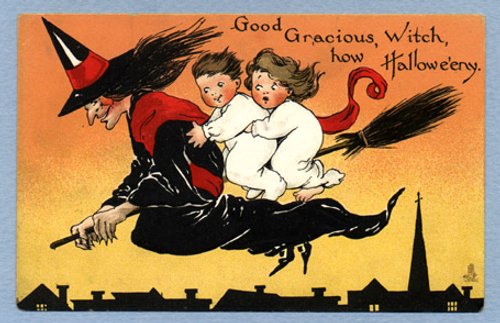 Vintage Halloween Witch Greeting Card, Early 1900s Flying Broomstick