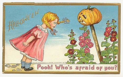 Vintage Halloween Greeting Card Girl Jack-o'-Lantern Scarecrow