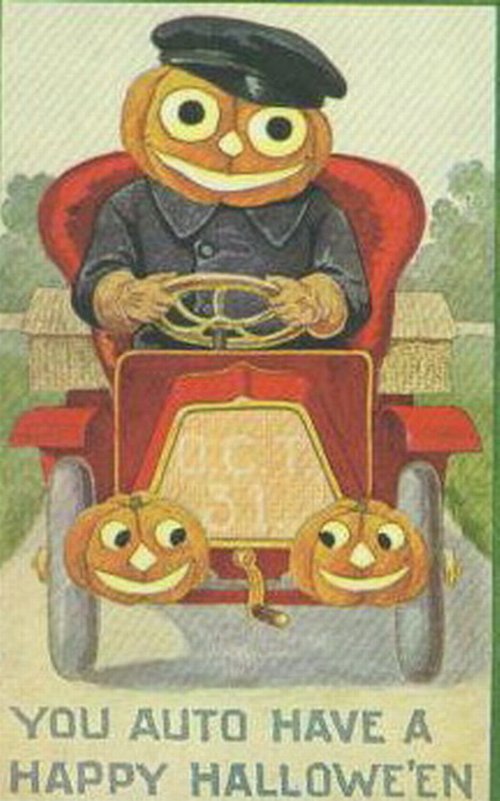 Vintage Halloween Greeting Card with Jack O'Lantern Auto Driver