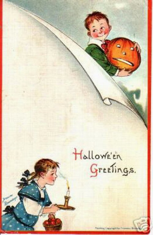 Vintage Halloween Greetings Card with Children & Jack-o'-Lantern