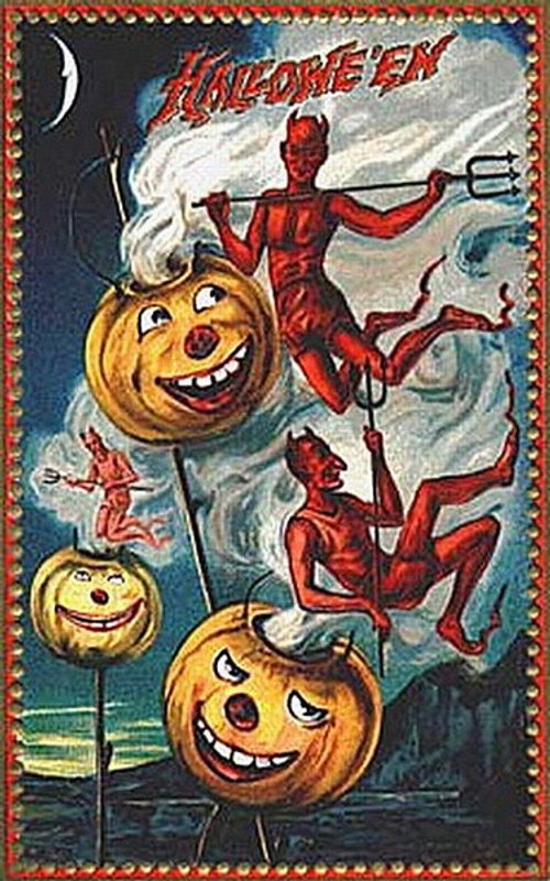 Vintage Halloween Greeting Card with Devil & Jack O'Lanterns