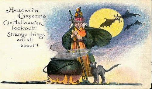 Vintage Halloween Greeting Card Witch Cauldron Moon Bats