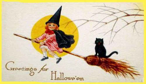Vintage Halloween Greeting Card with Witch and Black Cat
