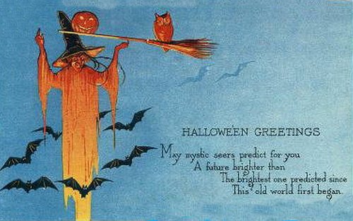 Vintage Halloween Greeting Card with Witch & Jack-o'-Lantern
