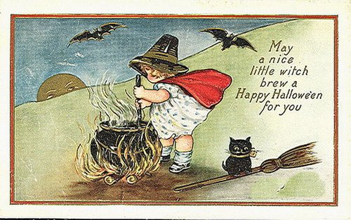Vintage Halloween Greeting Card with Witch & Black Cat