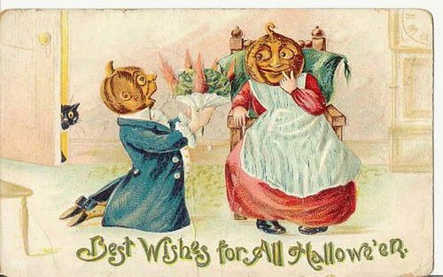 Victorian Halloween Greeting Card - Jack O'Lantern Figures