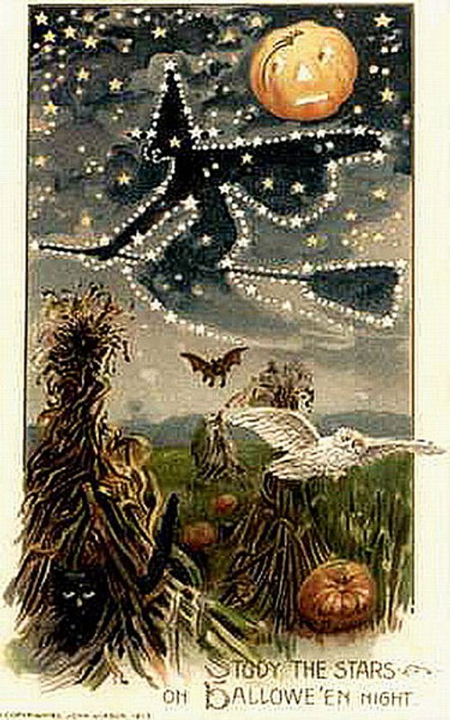 Vintage Halloween Greeting Card with Witch & Full Moon - Victorian Era