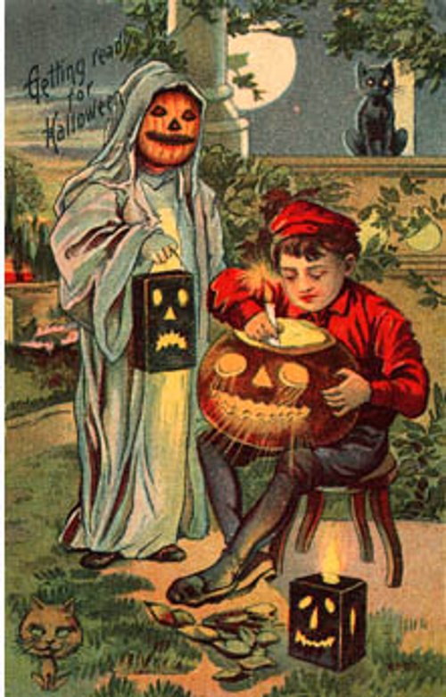 Vintage Halloween Ghost Pumpkin Carving Greeting Card 1900s