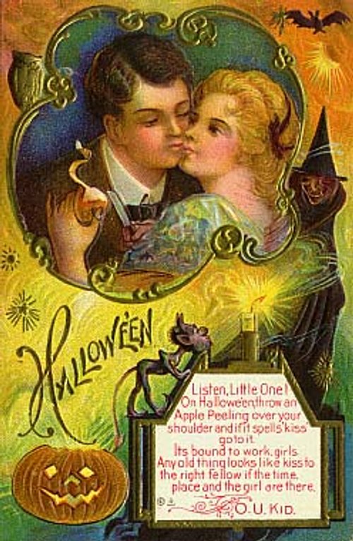 Vintage Halloween Greeting Card with Romantic Couple & Jack-o'-Lantern