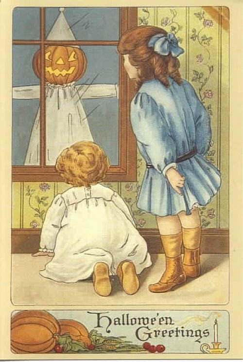 Vintage Halloween Greeting Card Children Jack-o-Lantern Window